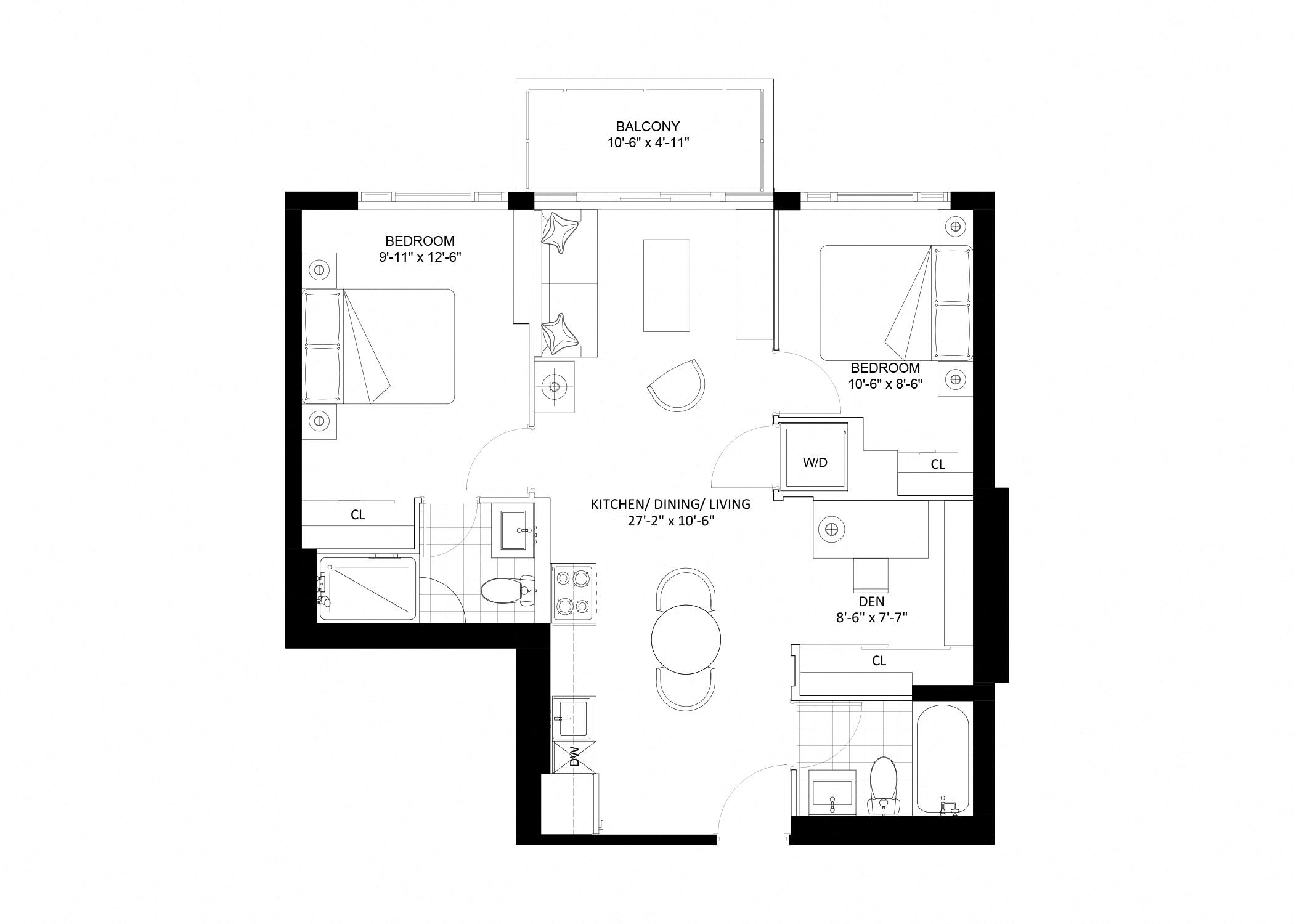Floor plan for 2 beds, 2 baths, 786 sqft